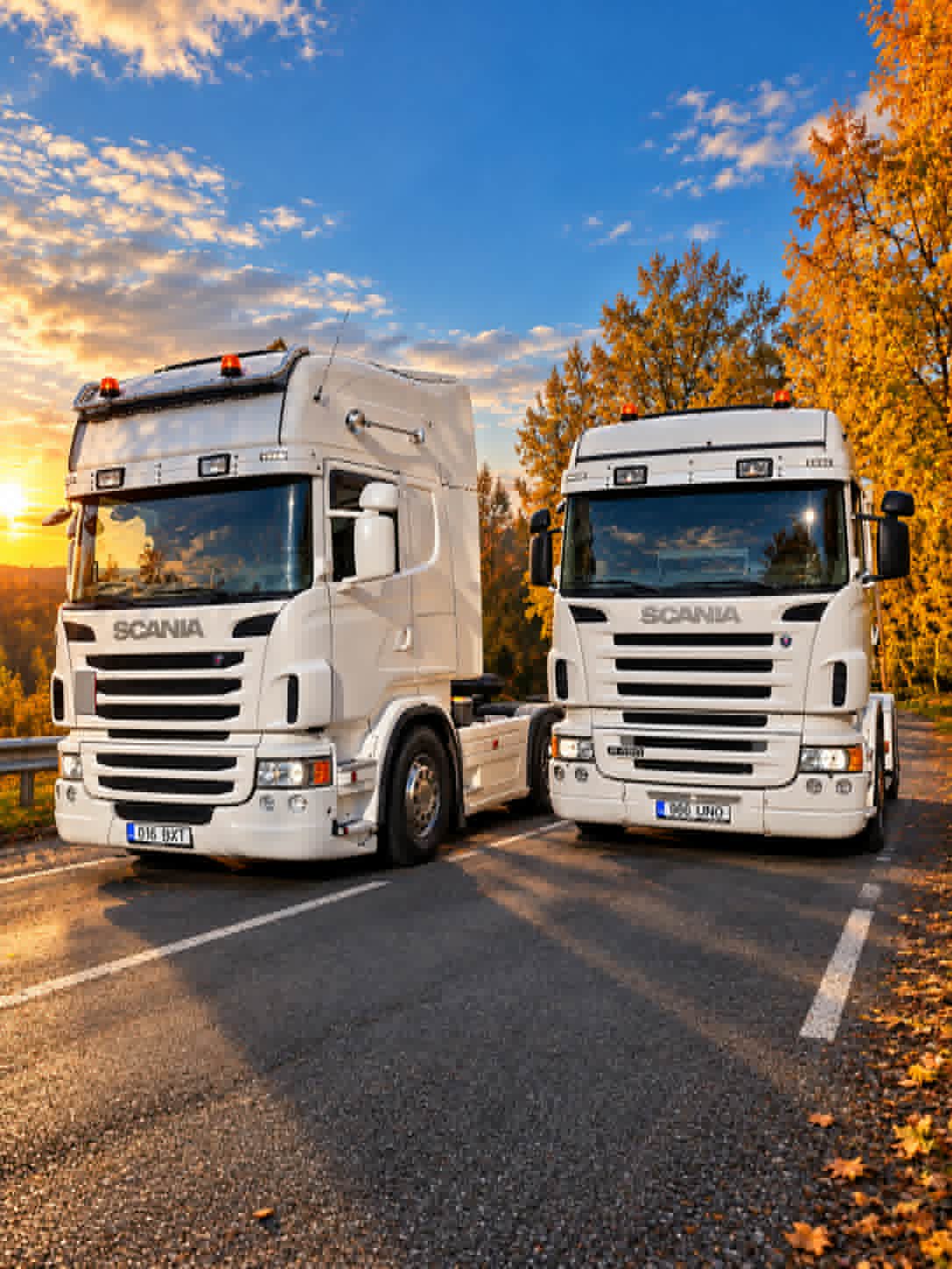 Kaks valget Scania veokit sügisesel teel päikeseloojangul