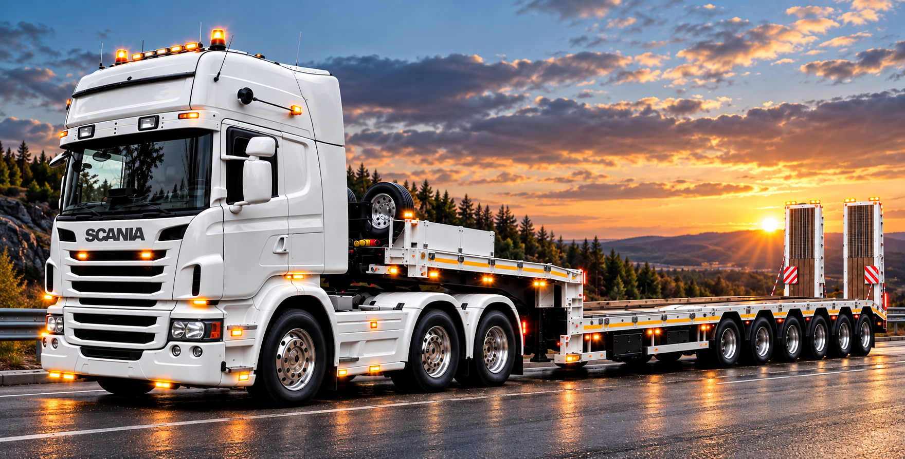 Valge Scania raskeveok madala treilerhaagisega päikeseloojangul
